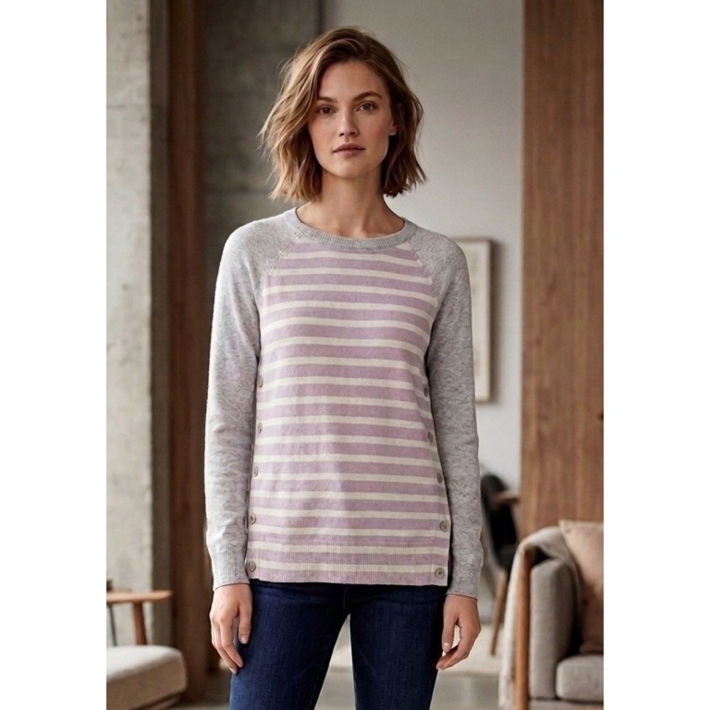 J.Crew Sweater Womens Sz XS Striped Side Button Wool Rabbit Preppy Elbow Patch